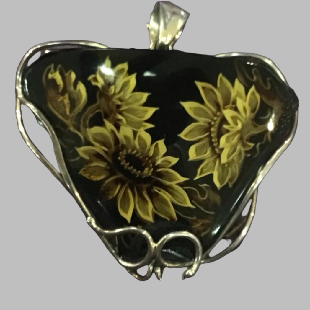 Amber Carved Sunflower Sterling Silver Pendant