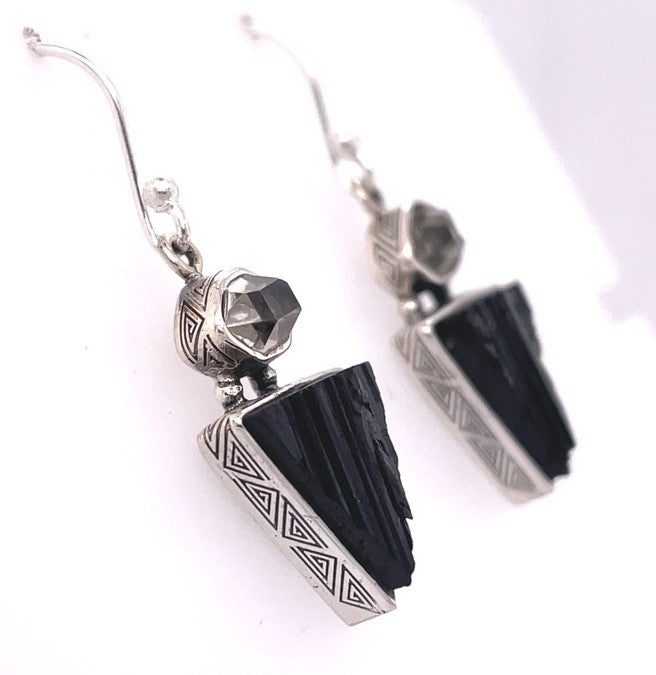 Black Tourmaline & Herkimer Diamond Sterling Silver Earrings – Protection & Divine Clarity