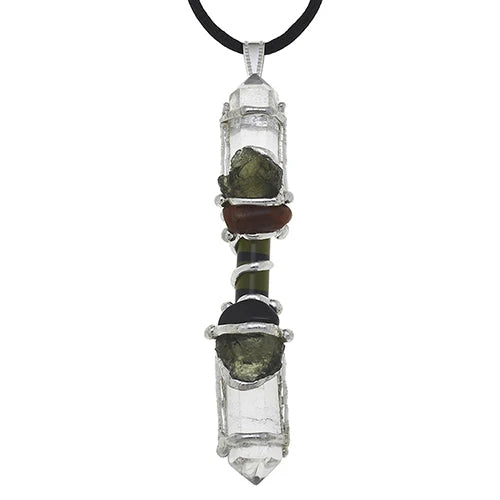 Protective Empowerment Necklace – Jet, Amber, Moldavite & Clear Quartz