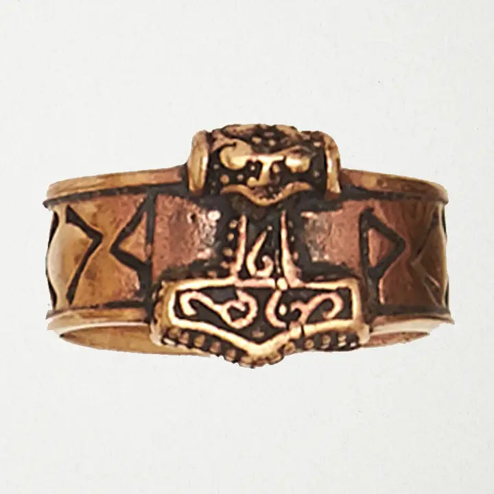 Bronze Men's Ring -Runic Band w /Thor's Hammer