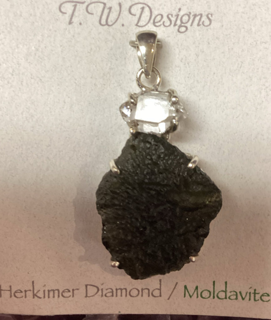 Moldavite & Herkimer Diamond Pendant