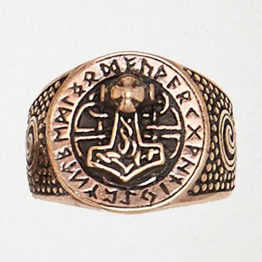 Bronze Ring - Thor's Hammer w /Runes