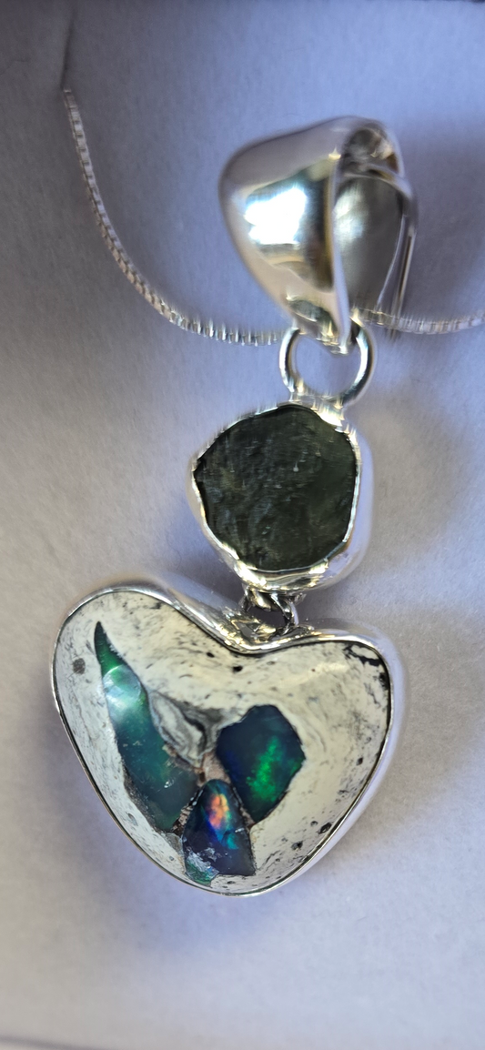 Moldavite Mexican Fire Opal Heart Sterling Silver Pendant