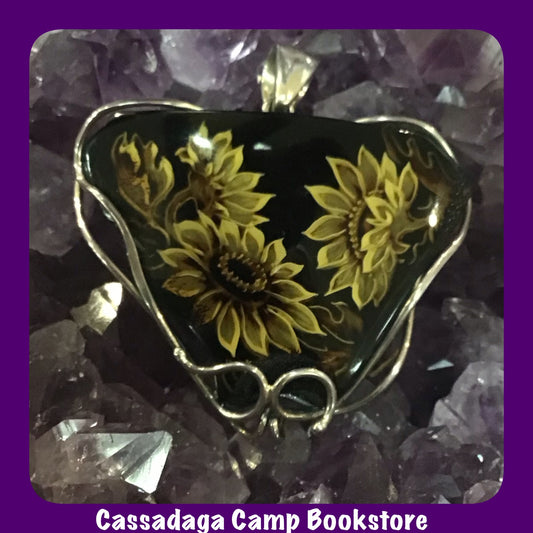 Amber Carved Sunflower Sterling Silver Pendant