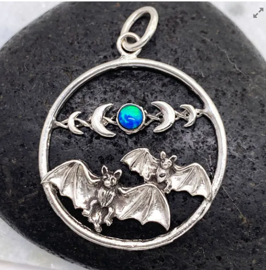 Bat Moon phase Hoop Mini Pendant Blue Opal