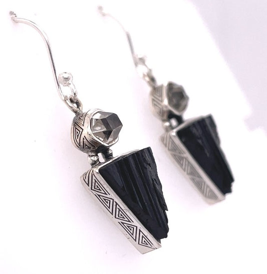 Black Tourmaline Herkimer Diamond Sterling Silver Earrings