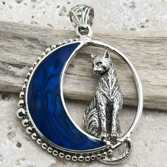 Cat in Abalone Moon Sterling Silver Pendant