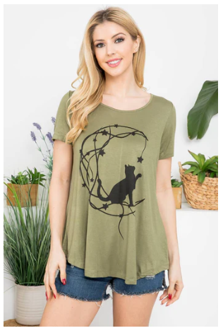 CAT WITH MOON PRINT SHORT SLEEVE TOP
