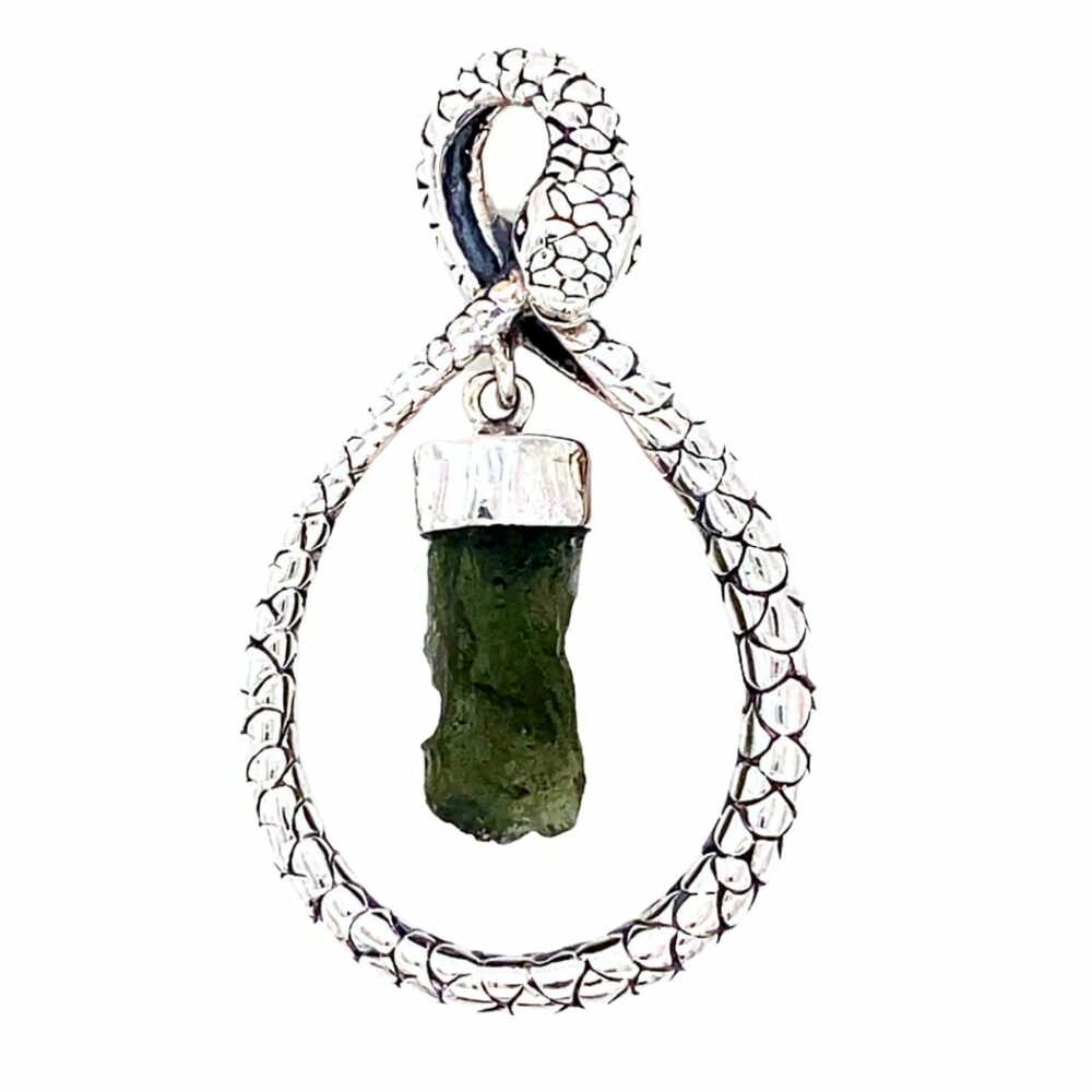 Moldavite Oro Snake Charm  Sterling Silver Pendant