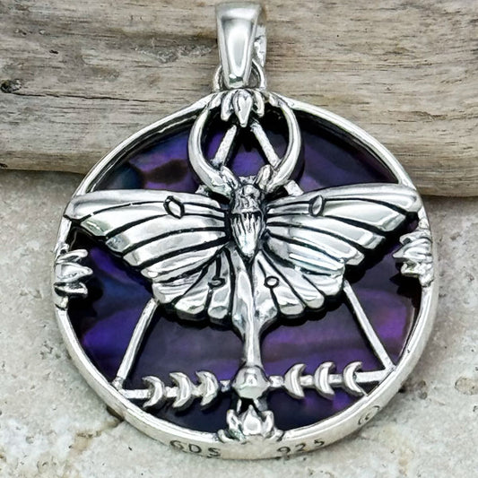 Moth Magic Sterling Silver Pendant, colorful shell backing