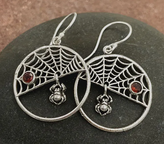 Spider Web Hoop Earrings with Gemstone