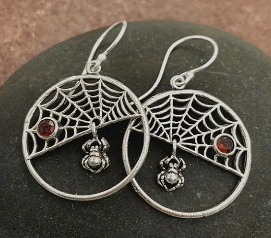 Spider Web Hoop Earrings with Gemstone